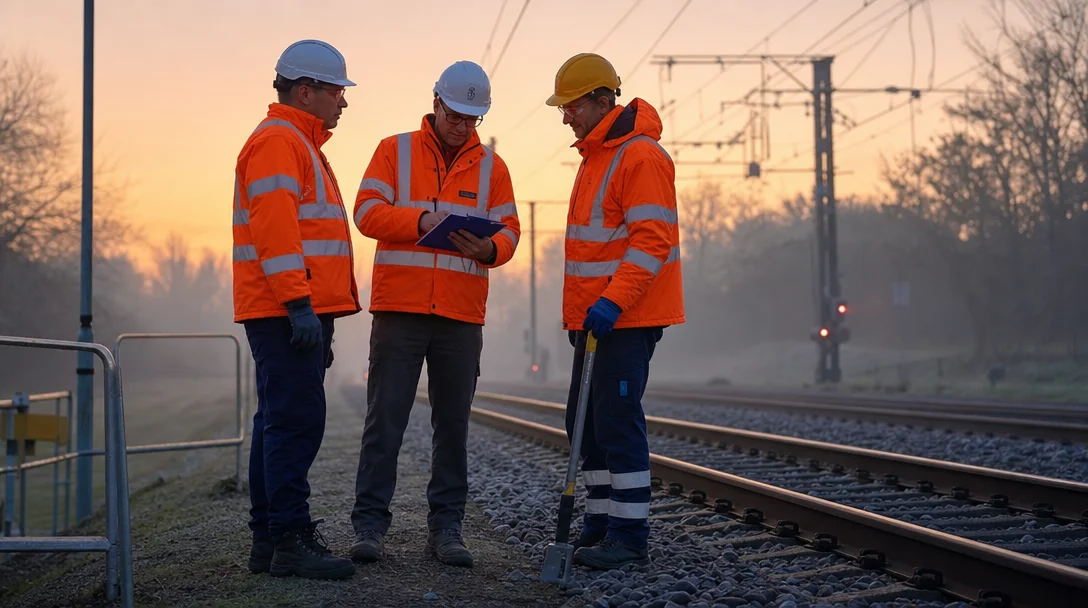 Railway trackside workers wearing orange high-visibility jackets and safety helmets working near train tracks at dawn