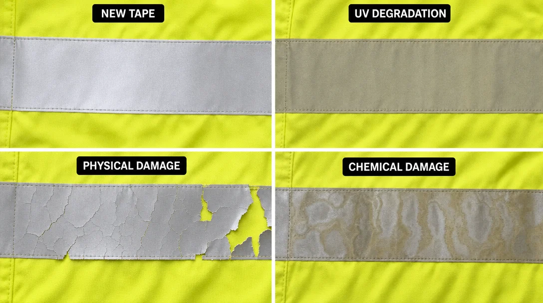 Side-by-side comparison of healthy reflective tape versus degraded tape showing cracks, peeling edges, and faded color
