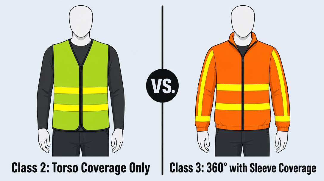 Technical infographic comparing ANSI Class 2 hi-vis vest showing reflective tape around torso only versus ANSI Class 3 hi-vis jacket showing reflective tape on both torso and sleeves for 360-degree visibility coverage