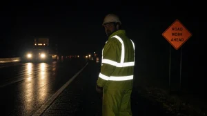 Night photograph of a construction worker illuminated by vehicle headlights, with reflective tape on the safety jacket glowing brightly in the darkness