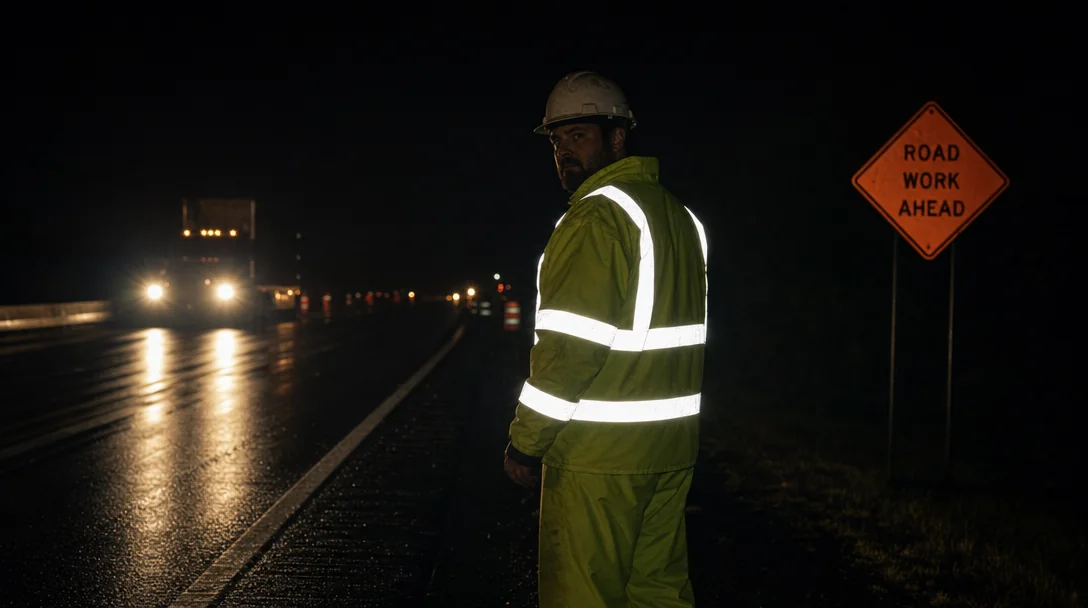 Night photograph of a construction worker illuminated by vehicle headlights, with reflective tape on the safety jacket glowing brightly in the darkness