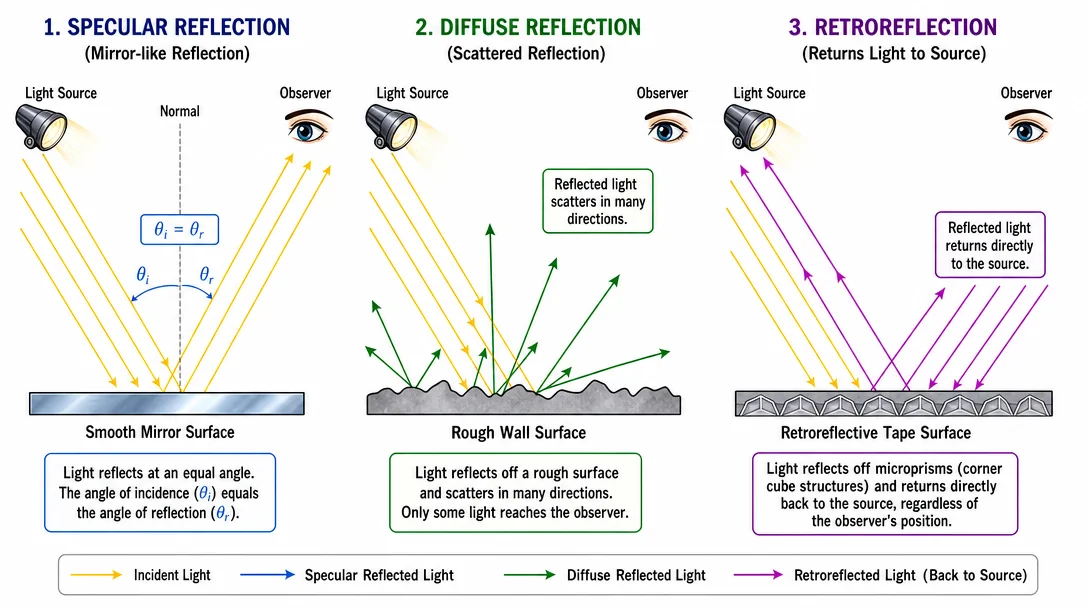 Diagram showing three light reflection types: specular, diffuse, and retroreflection with light ray paths