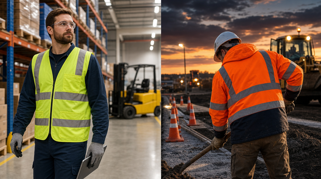 Split scene comparison: left side shows a warehouse worker wearing a Class 2 lime-green hi-vis vest in a well-lit logistics center with forklifts, right side shows a construction worker wearing a Class 3 orange hi-vis jacket with reflective sleeves at a dusk road construction site with traffic cones
