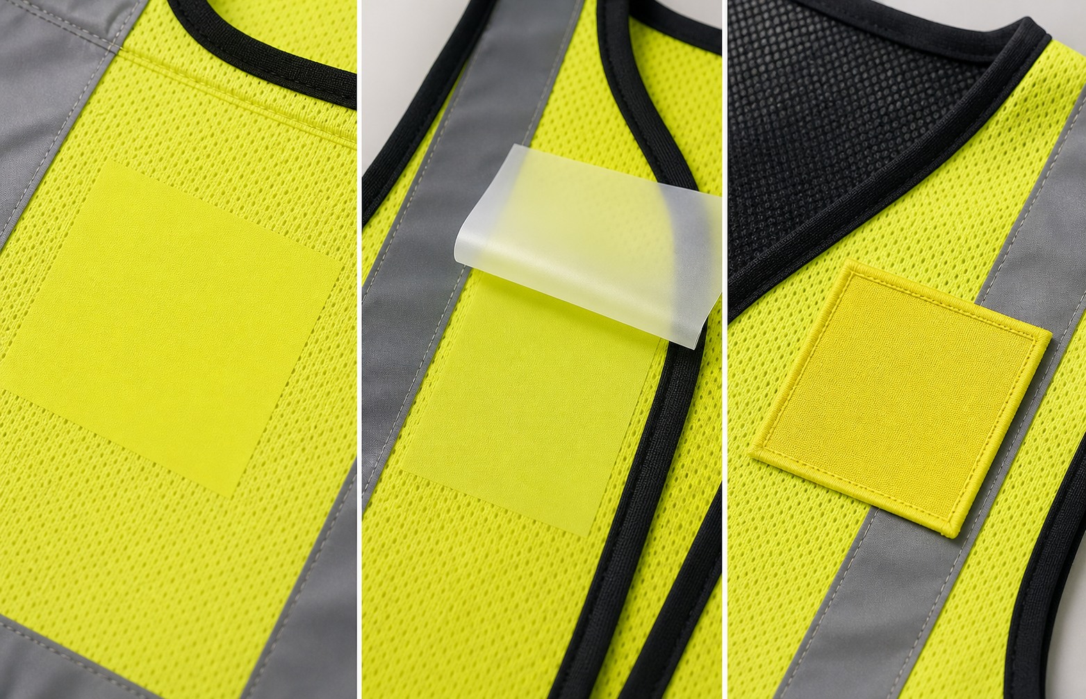 Custom safety vest logo method details with blank print transfer and patch samples