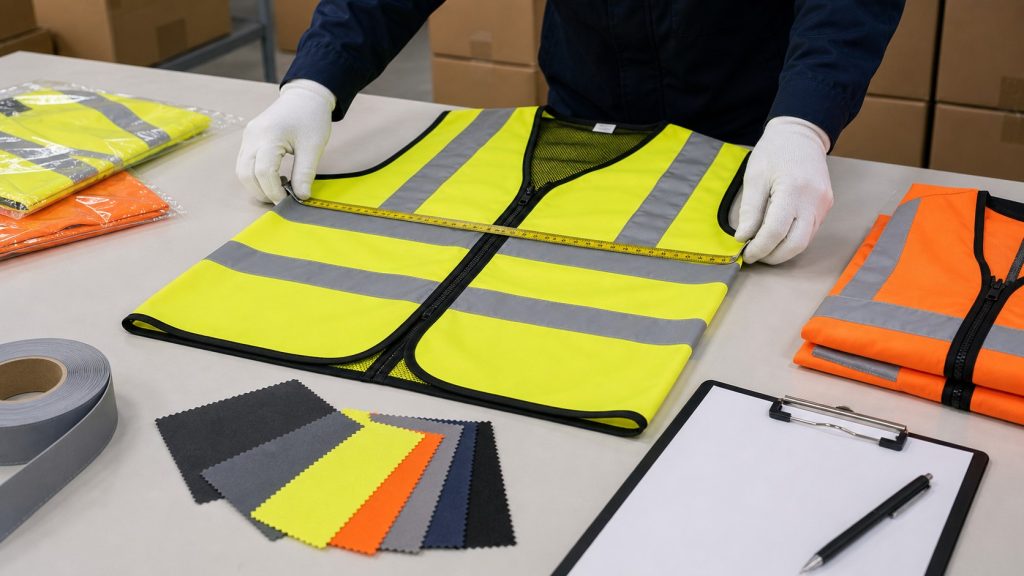 Safety vest sample approval checklist before bulk production with fabric logo tape and packaging checks