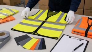 Safety vest sample approval checklist before bulk production with fabric logo tape and packaging checks