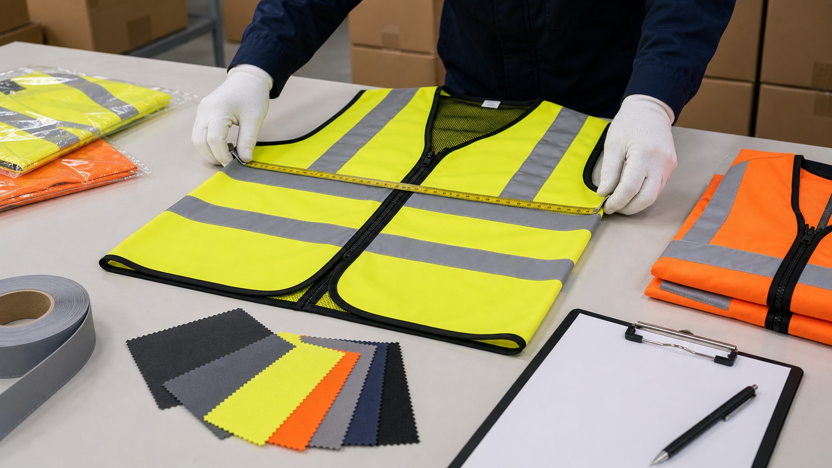 Safety vest sample approval checklist before bulk production with fabric logo tape and packaging checks