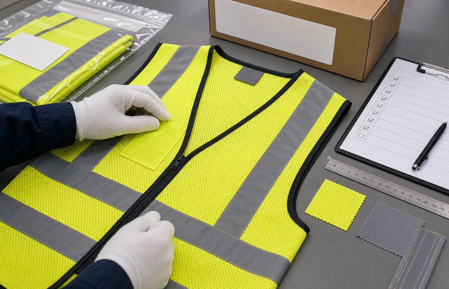 Safety vest sample QC detail checks for fabric reflective tape logo and packaging