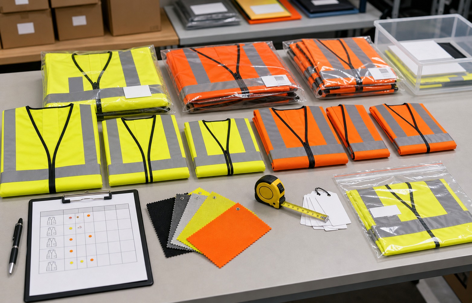 Safety vest team purchasing selection table with samples and sizing checks