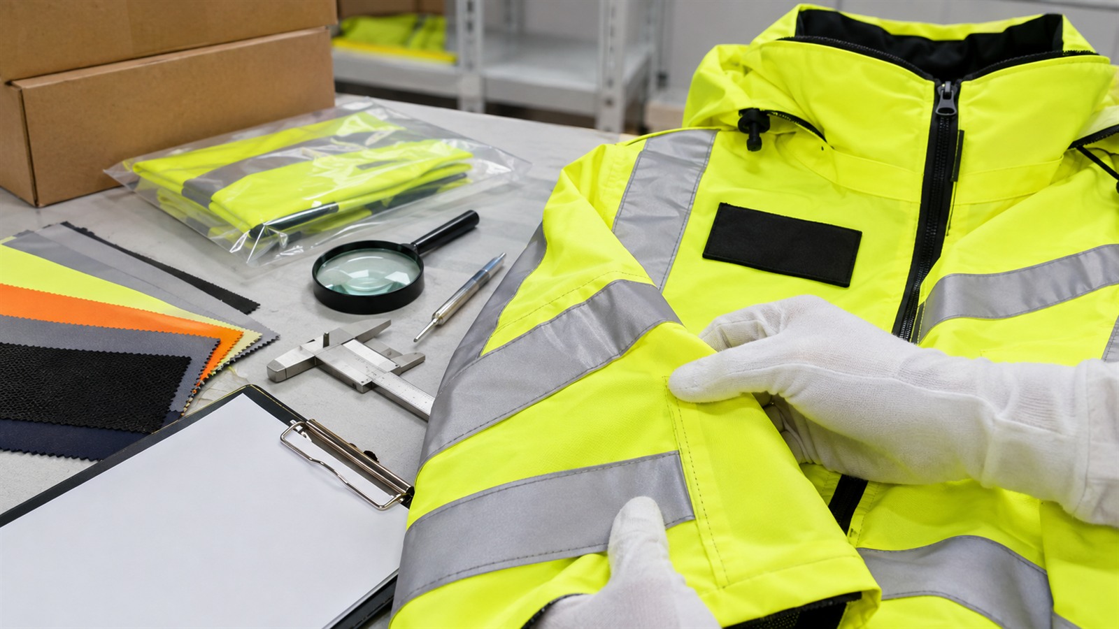 Safety jacket supplier evaluation QC checklist with fabric reflective tape logo placement and packaging checks